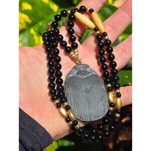 Vintage Ancient Egyptian Heart of Scarab Black & Gold Beaded Pendant Necklace